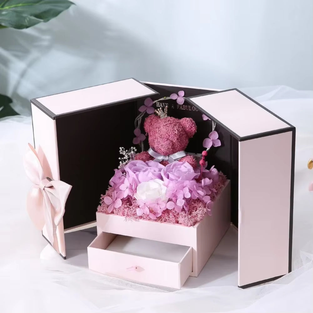 Eternal Rose Bear Gift Box with Drawer Design Wedding Anniversary Valentine'S Day Birthday Flower Gifts for Her