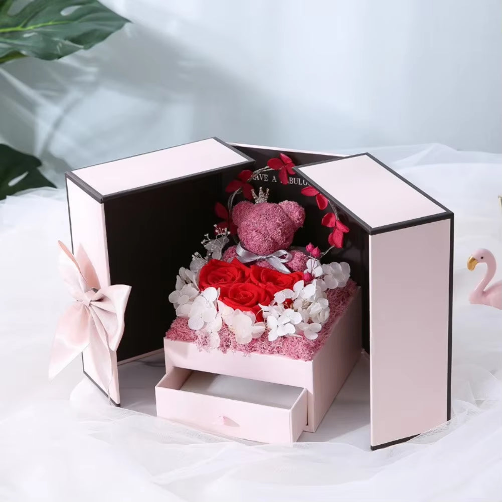 Eternal Rose Bear Gift Box with Drawer Design Wedding Anniversary Valentine'S Day Birthday Flower Gifts for Her