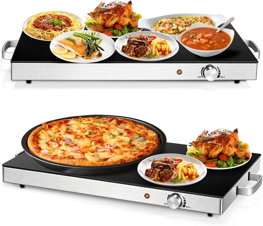 2 Packs Electric Warming Tray, 22''X15'' Hot Plate with Adjustable Temperature Control, Stainless Steel Frame & Tempered Glass Surface, Food Warmer Buffets Server for Party Events