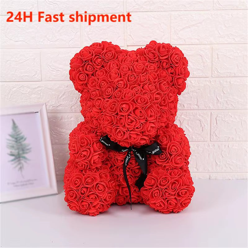 Teddy Rose Bear 25Cm Artificial Flowers Rose Bear with Box Light Mom Girlfriend Wedding Anniversary Birthday Valentine Day Gift