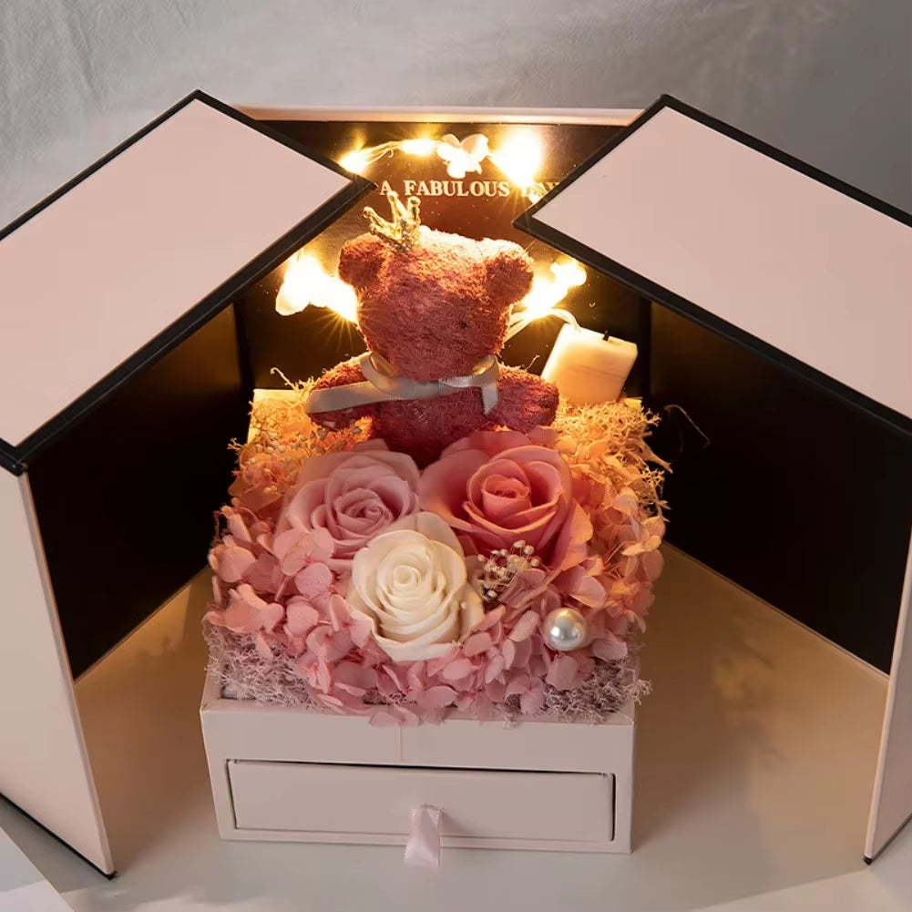 Eternal Rose Bear Gift Box with Drawer Design Wedding Anniversary Valentine'S Day Birthday Flower Gifts for Her