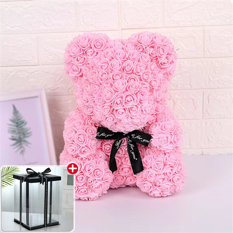 25Cm Valentines Day Gift Red Rose Teddy Bear Rose Flower Artificial Decoration Lover Gift Valentines Gift Gift Box Dropshipping