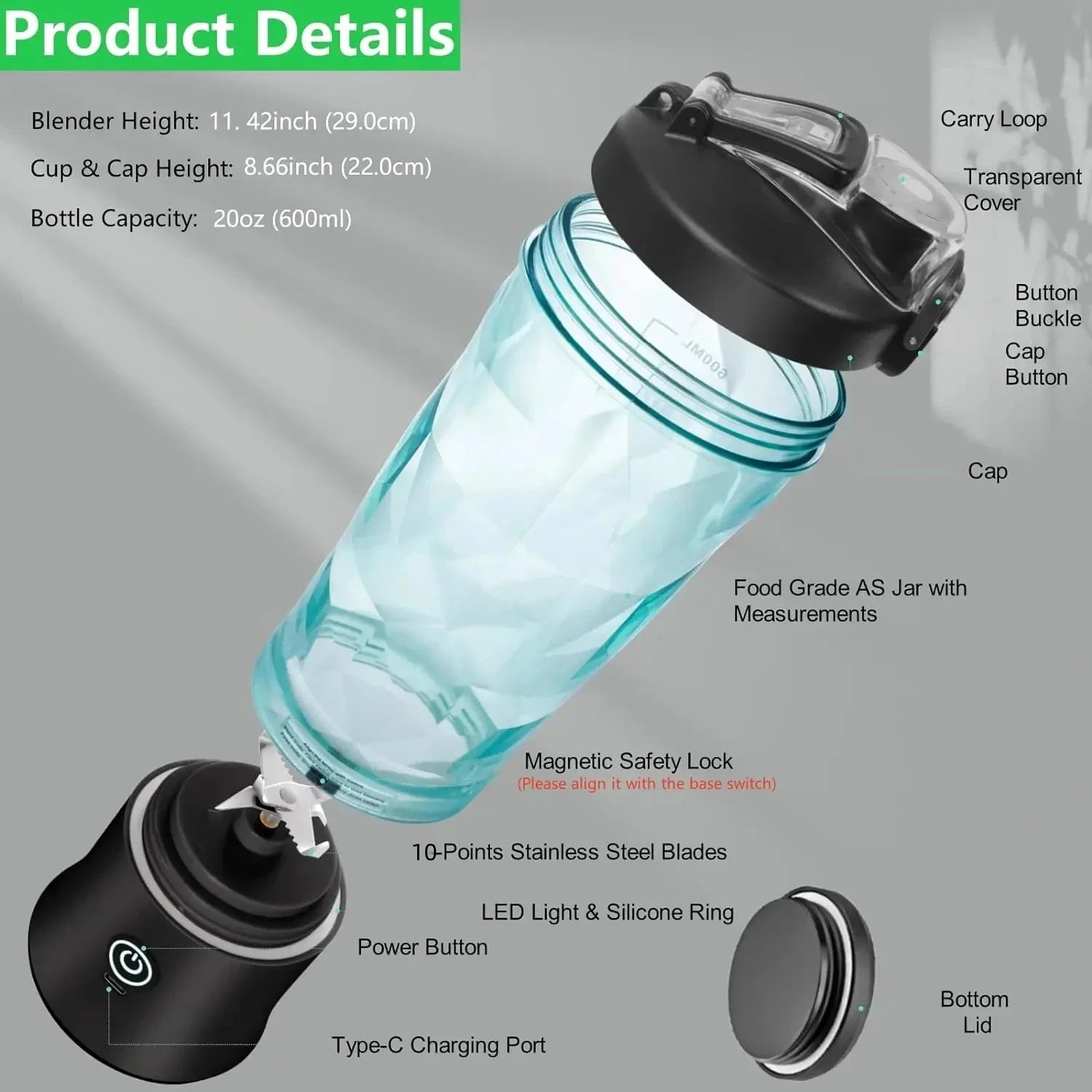 New 4000Mah Portable Juicer Cup 600ML 10-Leaf Blade Powerful Motor Mini Blender for Shakes Smoothis Blender Mixer Cup Outdoor